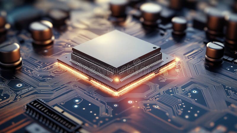Close-up circuit board with glowing processor. Advanced tech component. Modern electronic device. High-tech computer chip. royalty free illustration