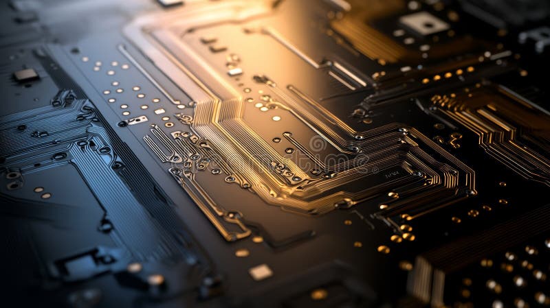 Close-up of a circuit board with intricate circuitry and glowing light stock illustration
