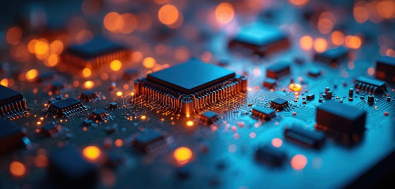 Close-up of circuit board with many electronic components glowing with orange light. Blue illuminated background of chips royalty free illustration