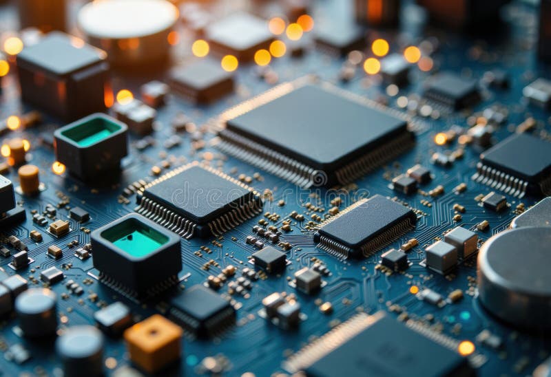 Close-up of a circuit board showcasing intricate electronic components stock illustration