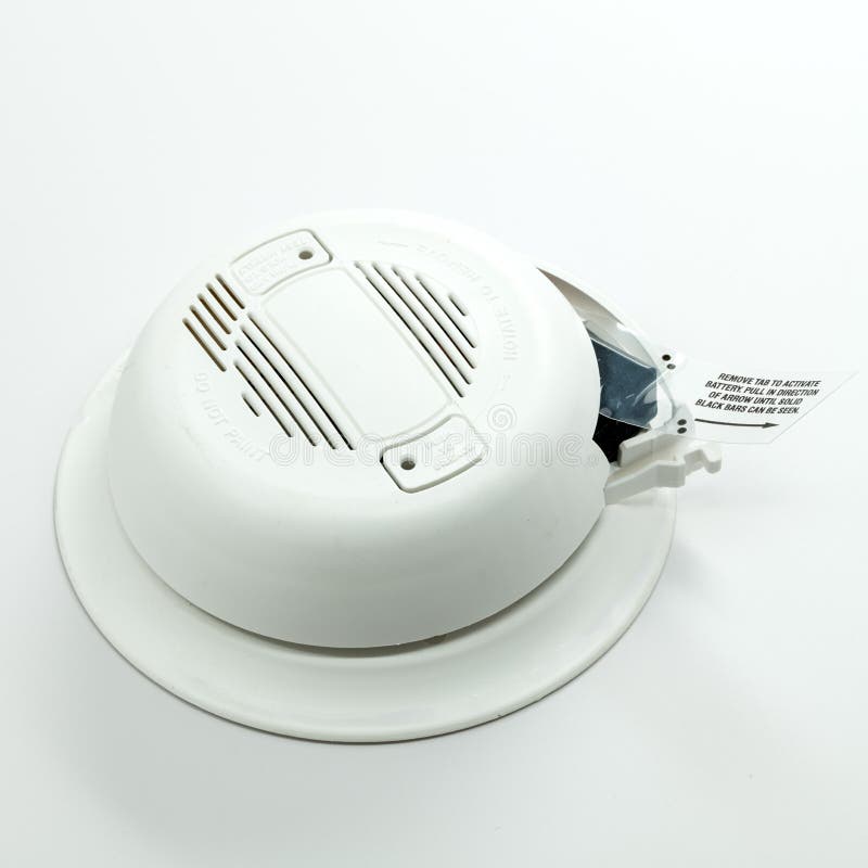 Close Up of a Classic Plastic Smoke Detector with Instructions Stock Photo Image of home