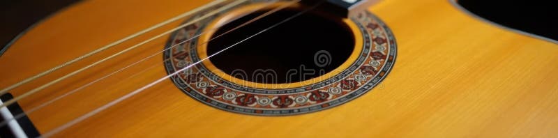 Close up of classic Spanish guitar s intricate wood grain and soundhole , pickguard, acoustic royalty free illustration