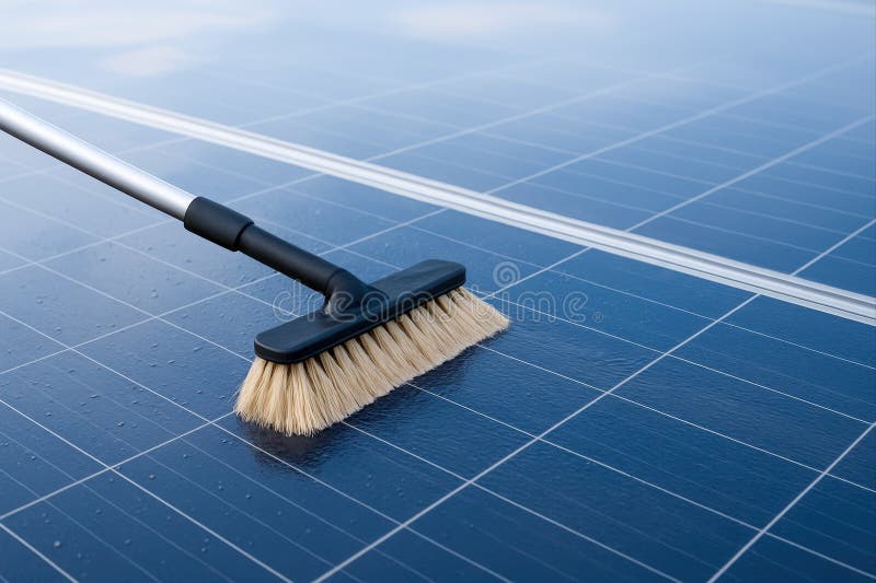 Close Up of Cleaning a Wet Solar Panel with a Brush, generative ai vector illustration