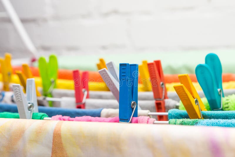Close up clothes dryer and plastic clips royalty free stock photo