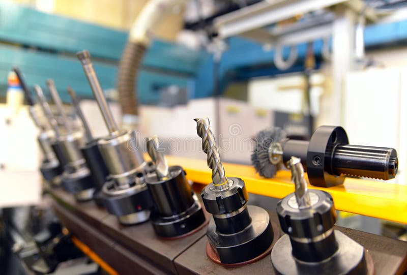 Close up of CNC Mechanical Tools for production of engineering p stock photo