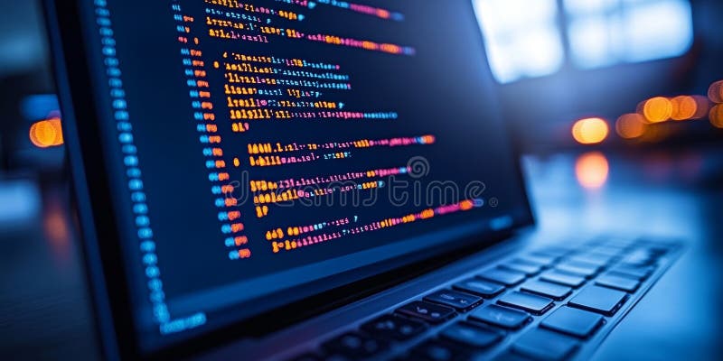 Close Up Code On Computer Screen With Multicolored Text, Abstract Programming Background vector illustration