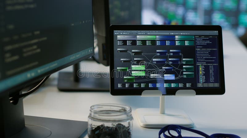 Close up of coding software on tablet in server room royalty free stock photo