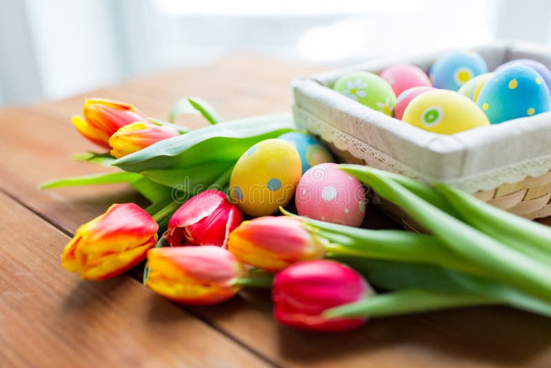 Close Up of Colored Easter Eggs and Flowers Stock Photo - Image of ...