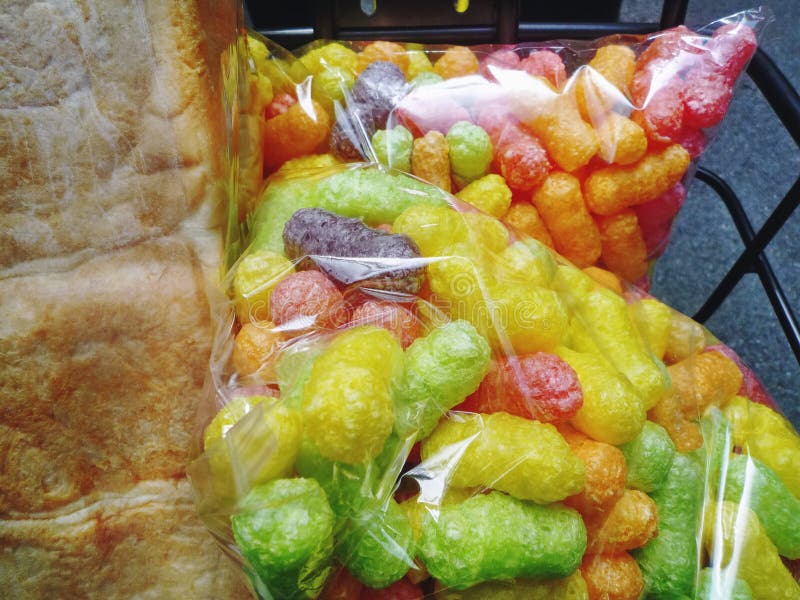 Colorful Crispy Snack and Bread in Transparent Bags Stock Photo Image