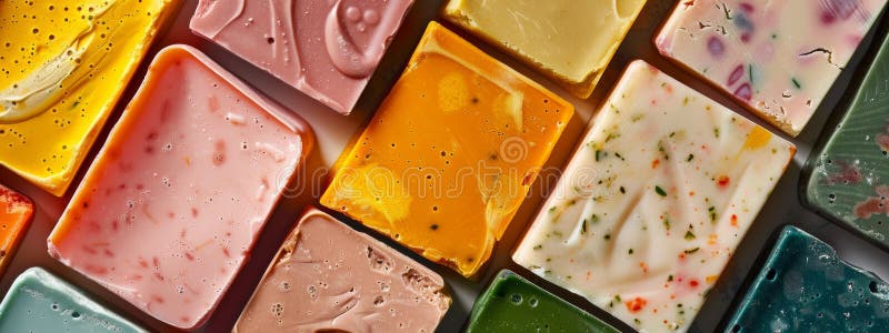 A close-up of colorful handcrafted soaps in various patterns and textures. The artisanal design and vibrant colors make this image perfect for promoting handmade beauty products, soap-making crafts, and natural skincare brands. AI generated