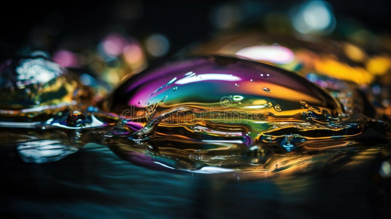 A close up of a colorful liquid droplet on a black surface with a reflection of the water on the bottom of the droplet vector illustration