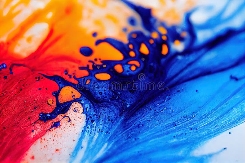 A Close Up of a Colorful Liquid Painting on a White Surface with a Blue
