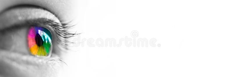 Close-up of a colorful rainbow eye header isolated on panoramic white background, colors vision concept