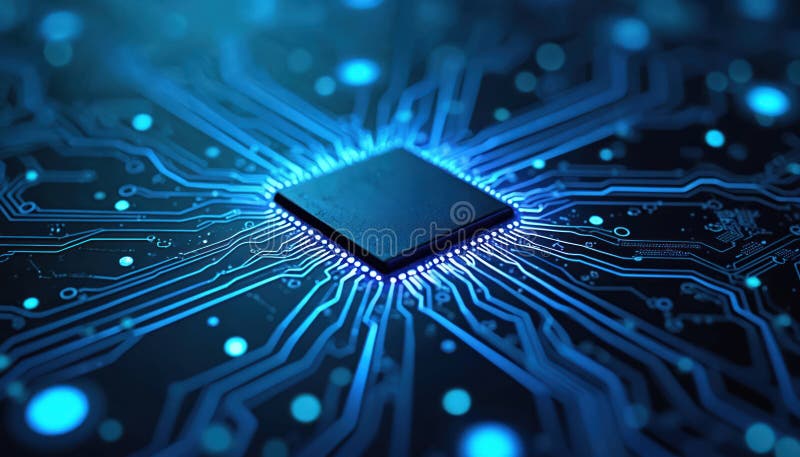 Close-up computer chip on blue cyber circuit board with neon lights. Future tech micro chip processor illustration. Digital royalty free stock photography