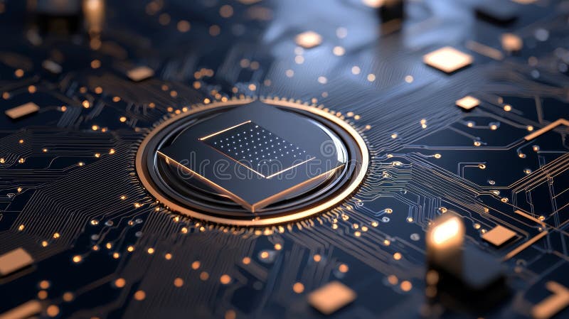Close-up of a computer chip on a circuit board. The chip is surrounded by a golden ring and intricate circuitry. The image stock illustration