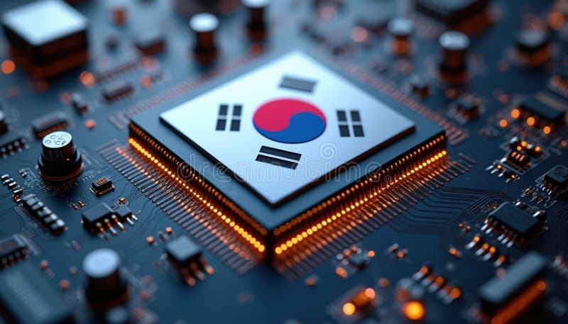 Close-up of computer chip featuring Republic of Korea flag. Advancements in South Korean tech, innovation, digital vector illustration
