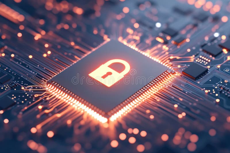 A close up of computer chip with glowing lock symbol, representing security stock image