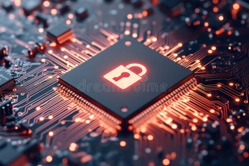 A close up of computer chip with glowing lock symbol, representing security royalty free stock images