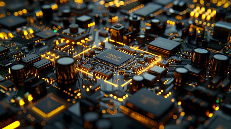 A close up of a computer chip with a yellow glow generated by AI stock photos