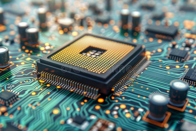 Close up of a computer circuit board with cpu surrounded by electronic components and wiring vector illustration