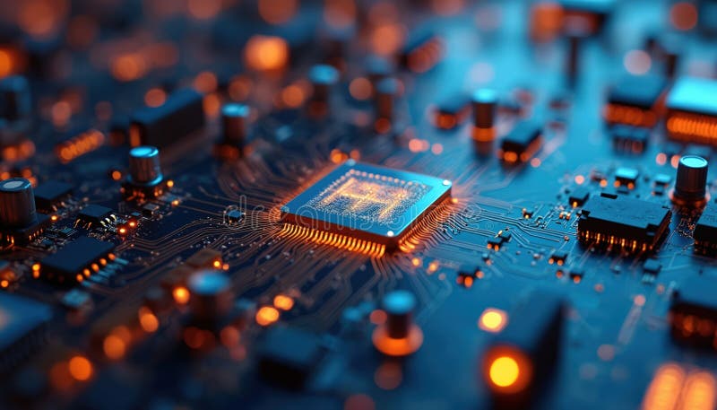 Close-up of computer circuit board electronic components connections. Futuristic digital transformation roadmap background. stock illustration