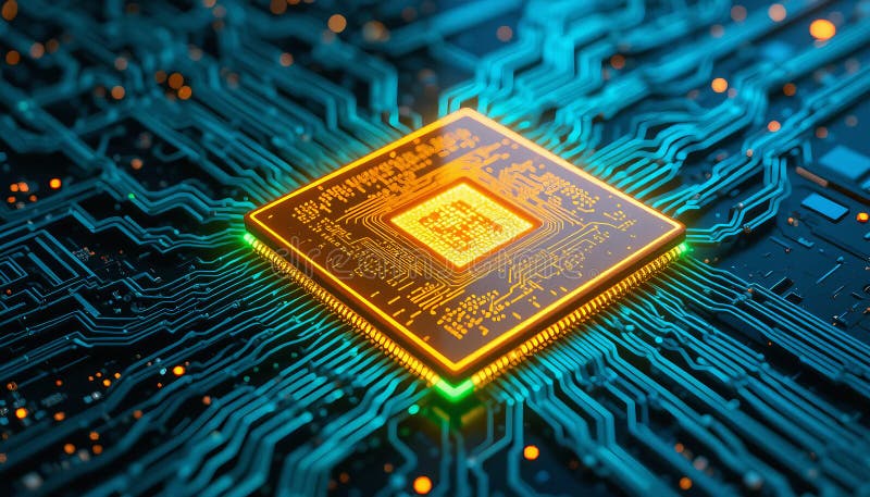 Close-up of a computer circuit board with a focus on chips and electronic components royalty free illustration