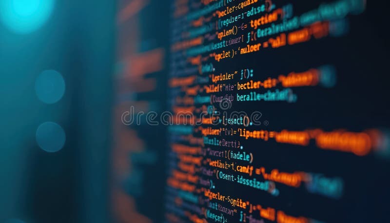 Close-up of computer code on screen, displaying advanced software development and coding skills. Dark background features blue glow. Generative AI, application cyber security. Coding text hacker concept stock images, royalty-free photos and pictures
