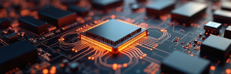 Close-up computer CPU chip on motherboard. Black tech electronic abstract banner. Circuit board with glowing orange neon lines for royalty free stock photo