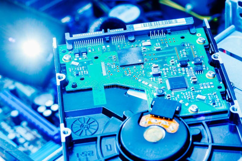 Close-up computer hard drive HD. Concept of technology. Blue tone.