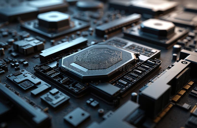 Close-up of computer hardware, motherboard with integrated circuit microchips. Modern tech concept for data processing, crypto royalty free stock images