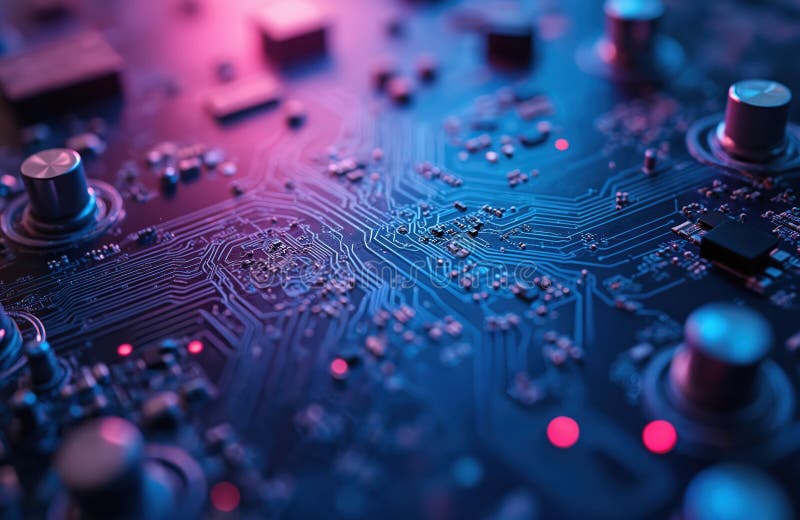 Close-up of computer mainboard with circuit board details, electronic tech. Printed circuit board with microchips, processors royalty free stock photography