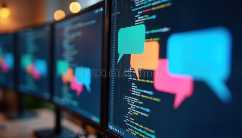 Close-up computer monitor display shows interactive 3D chat bubbles in pro business meeting. Colorful speech bubbles highlight vector illustration