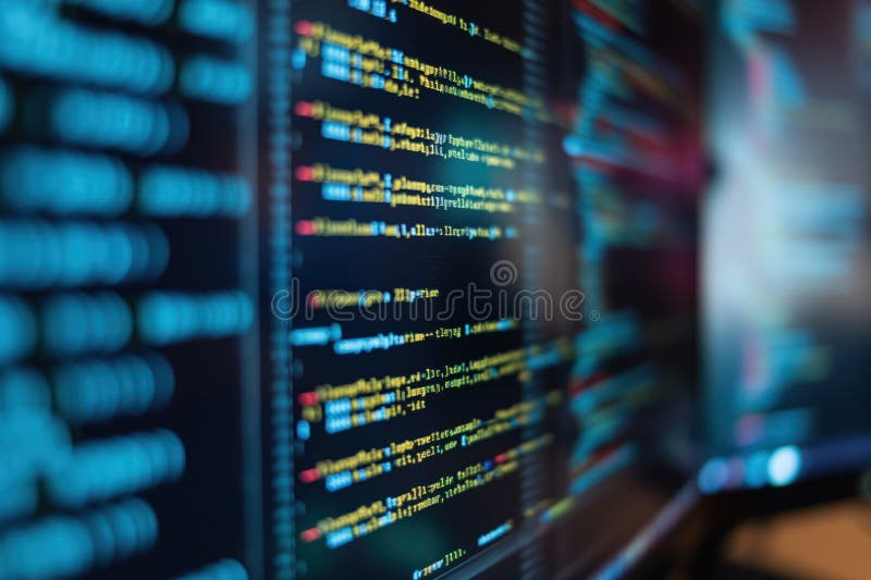 Close-up of computer monitor displaying code in binary language on screen. Software development concept with lines of text stock illustration