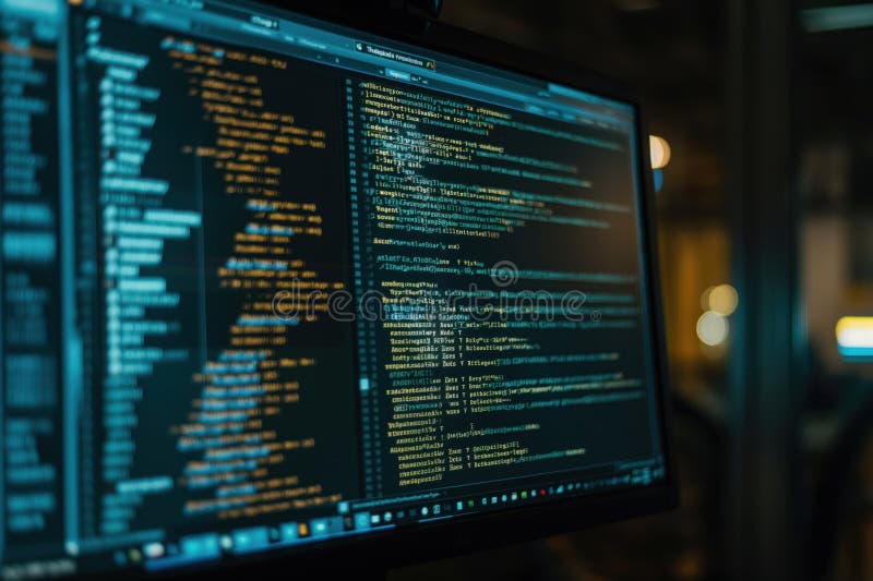 Close-up of computer monitor displaying code lines in binary language. Software development concept with background of black vector illustration