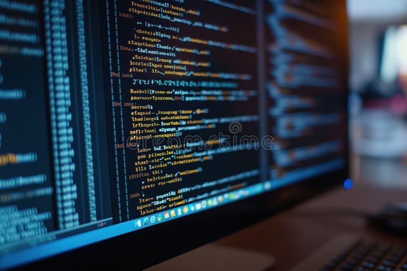 Close-up of computer monitor displaying code on screen. Binary digits in black and white. Software development concept on royalty free illustration
