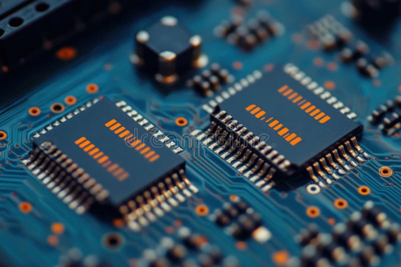 Close up of a computer motherboard with many electronic components stock photo