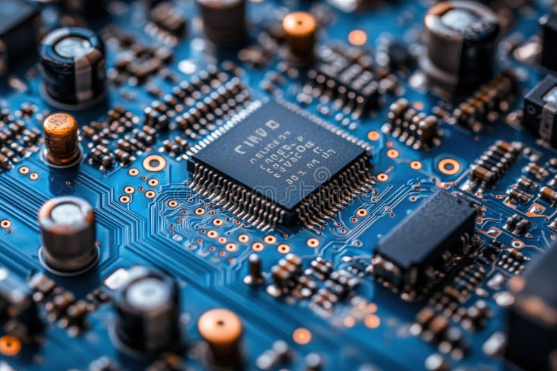 Close up of a computer motherboard with many electronic components stock photography