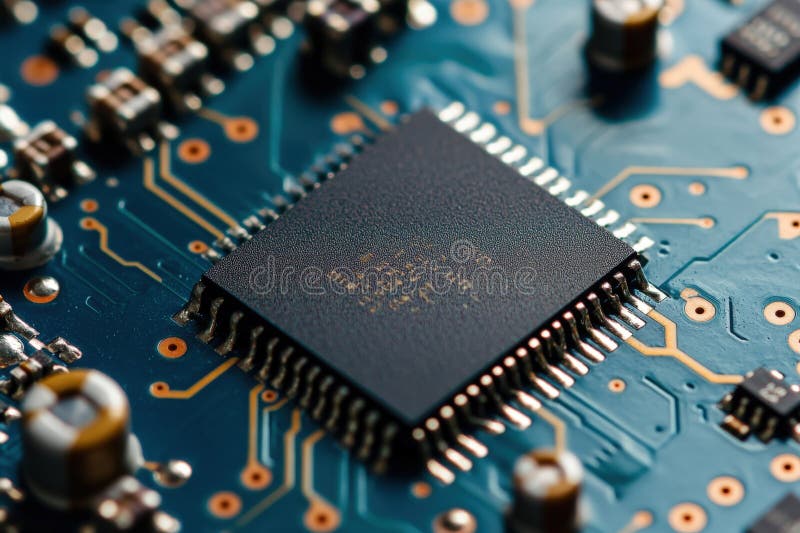 Close up of a computer motherboard with many electronic components stock images