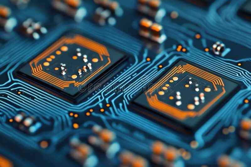 Close up of a computer motherboard with many electronic components stock photos
