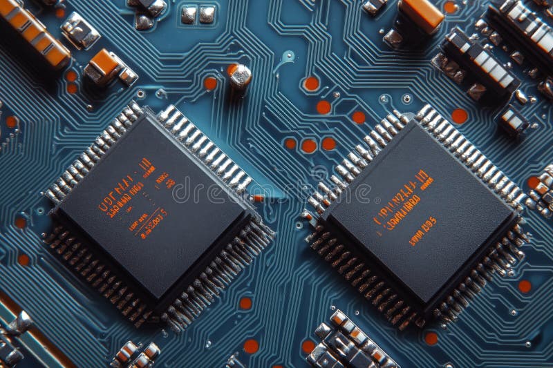 Close up of a computer motherboard with many electronic components stock photography