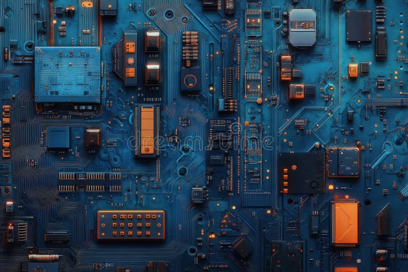 Close up of a computer motherboard with many electronic components stock image
