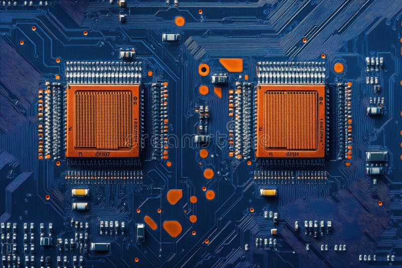 Close up of a computer motherboard with many electronic components stock photo