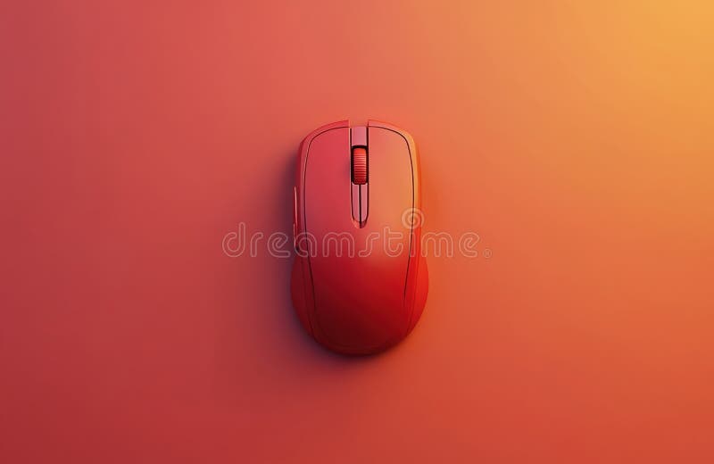 Close-up of computer mouse on red-orange abstract background. Wireless mouse with scroll wheel, modern design for desktop laptop vector illustration