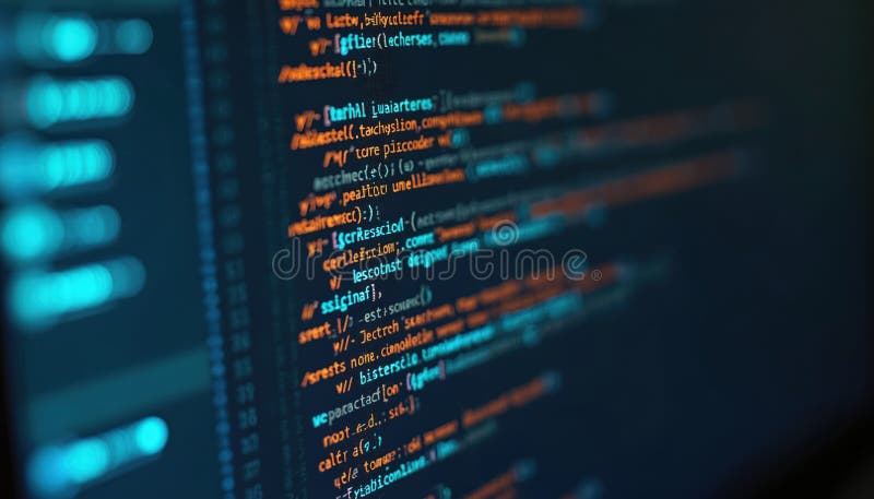 Close-up computer screen with code. Digital information, software development, coding background. Programming syntax, algorithm stock illustration