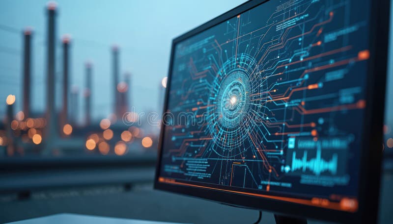Close-up of computer screen, digital diagram with power plant in background. Tech infrastructure energy visualization, data flow, processing. Power, electricity, innovation progress. Modern digital