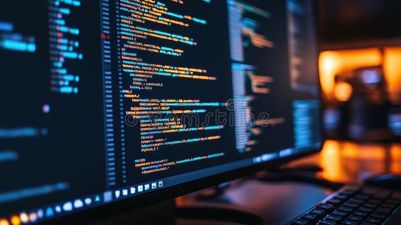 A close-up of a computer screen displaying colorful programming code at night royalty free illustration