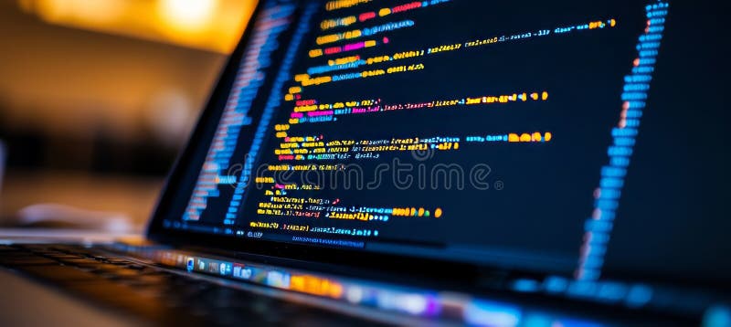 Close-up of a Computer Screen Displaying Lines of Colorful Code. Programming, Software Development. stock illustration