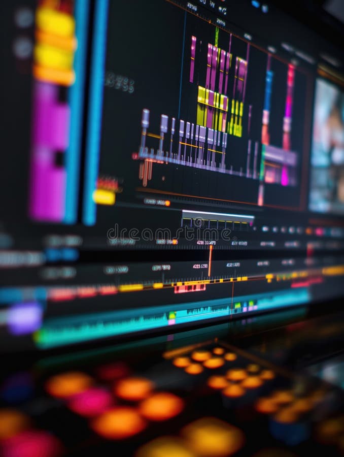 Close-up of computer screen displaying pro video editing software timeline. Vertical layout with colorful interface, selective royalty free illustration