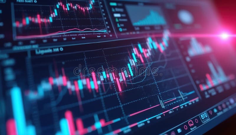 Close-up of computer screen displaying various financial graphs. Red, blue diagrams illustrate data analysis, stock market stock image