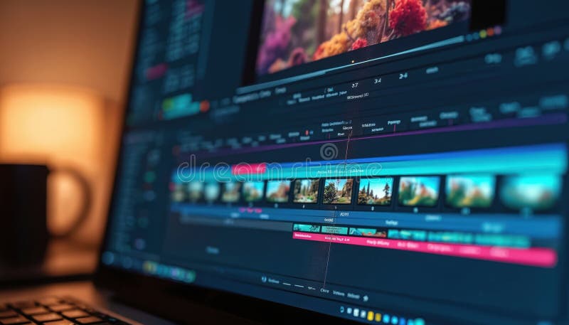 Close-up of computer screen displays video editing timeline with colourful clips, markers. Software interface shows organised vector illustration
